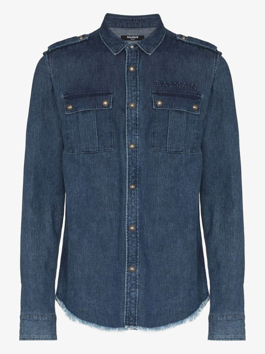 Embossed Raw Hem Denim Shirt