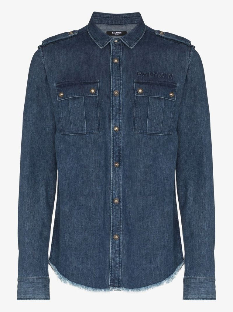 Embossed Raw Hem Denim Shirt