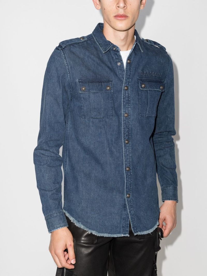 Embossed Raw Hem Denim Shirt