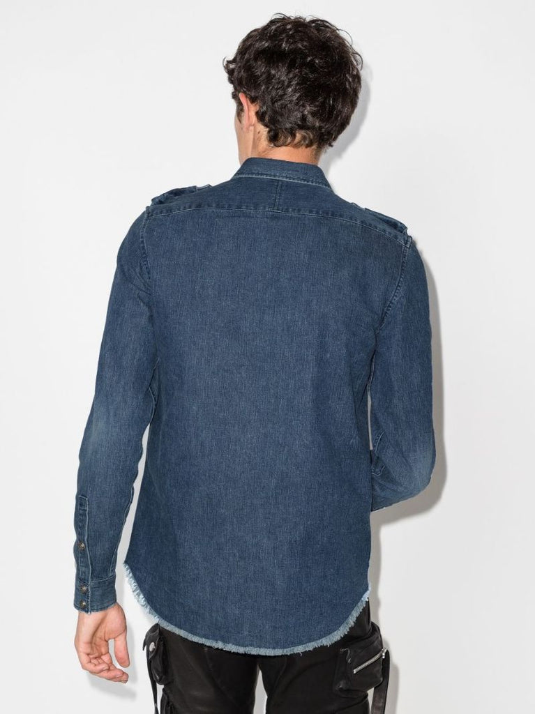 Embossed Raw Hem Denim Shirt