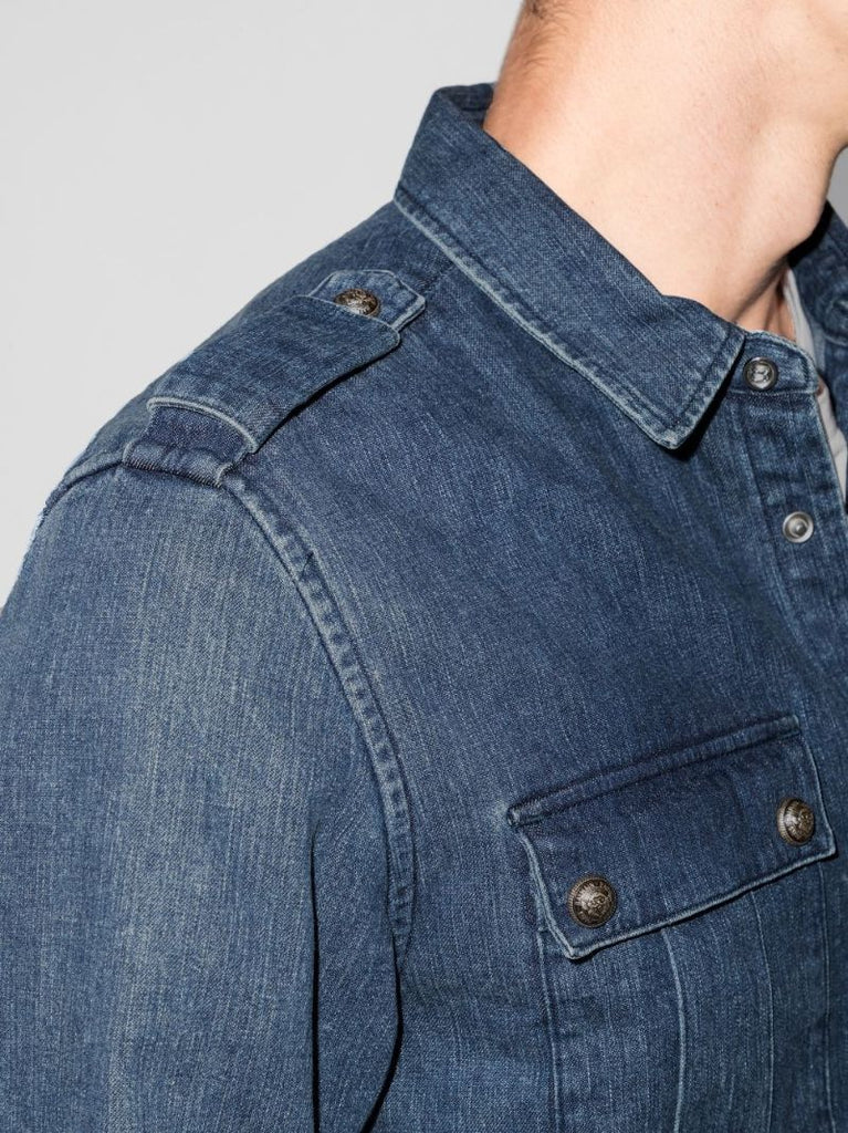 Embossed Raw Hem Denim Shirt