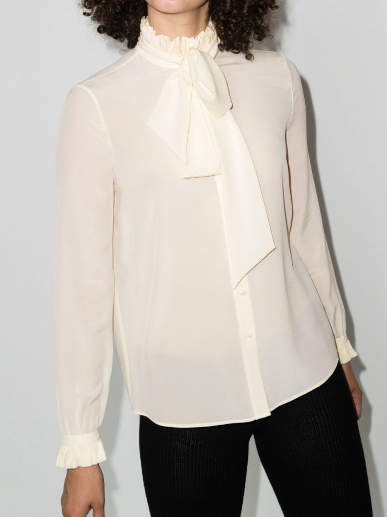 Cream Tie Neck Silk Blouse