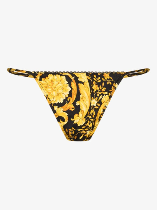 Black and Yellow Baroque Print Silk Thong
