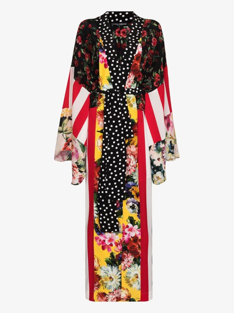Patchwork Print Silk Kimono Dress