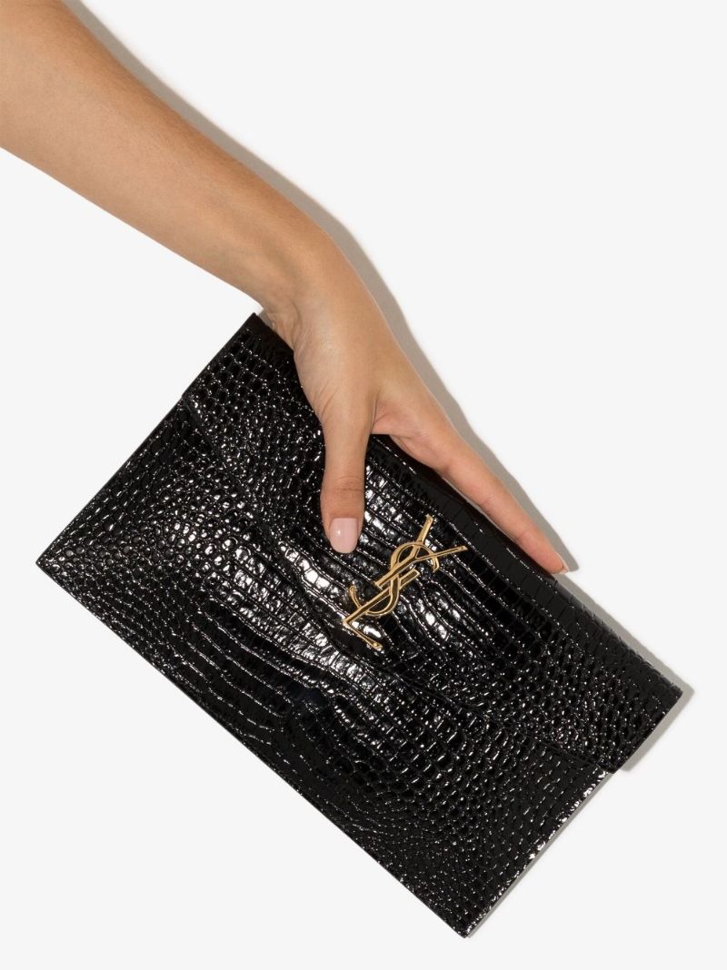 Black Uptown Mock Croc Leather Clutch Bag