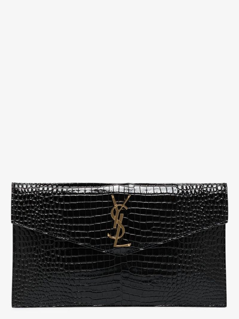 Black Uptown Mock Croc Leather Clutch Bag