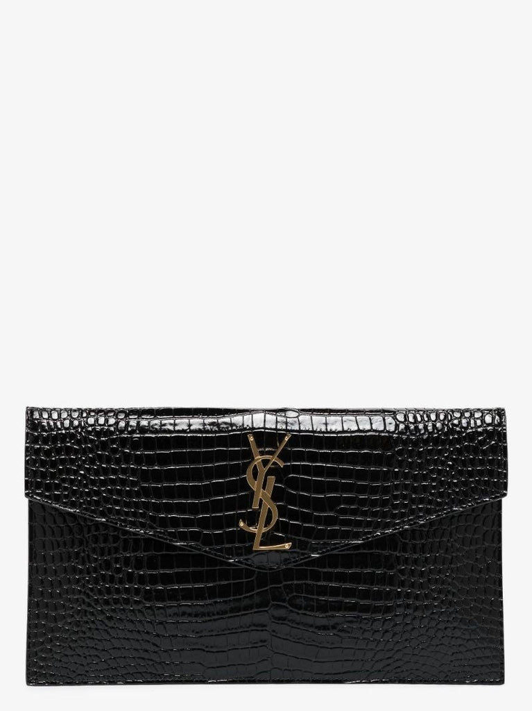 Black Uptown Mock Croc Leather Clutch Bag