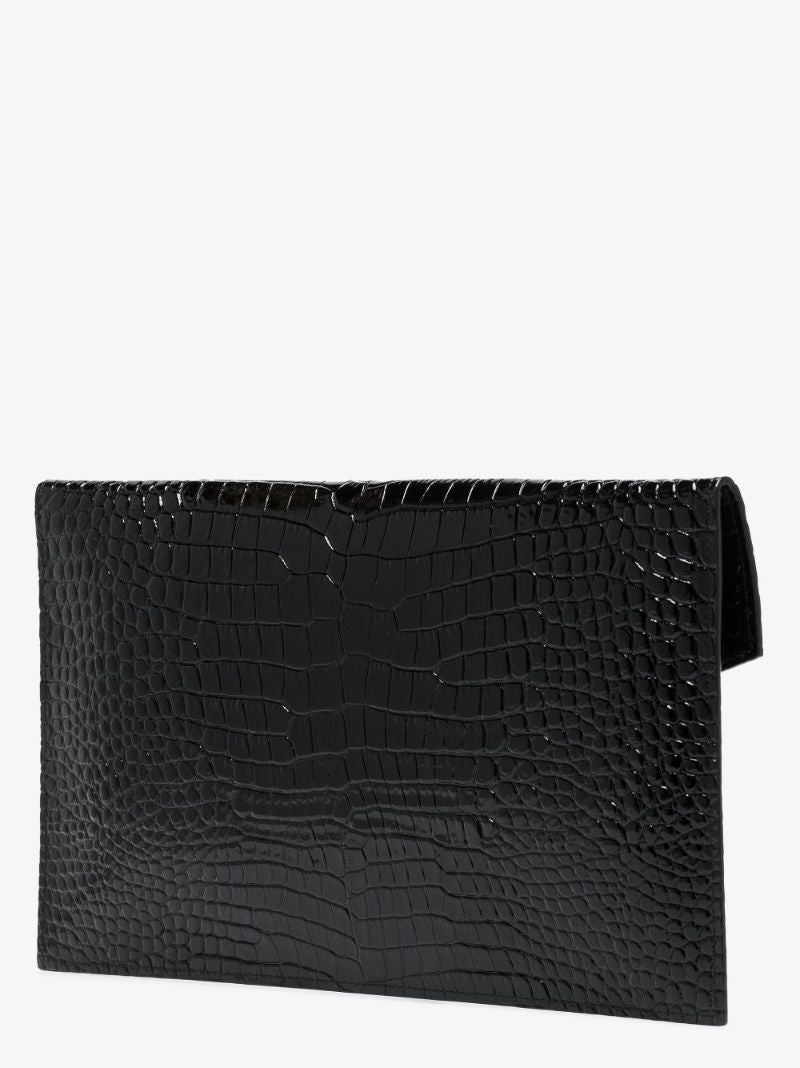 Black Uptown Mock Croc Leather Clutch Bag