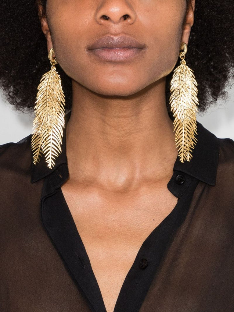 Gold Tone Palm Leaf Drop Earrings