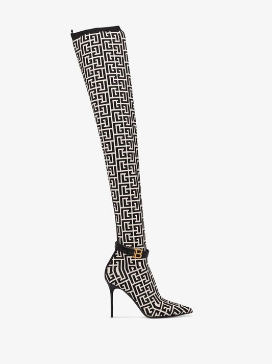 Black and White Raven Monogram Thigh-high Boots