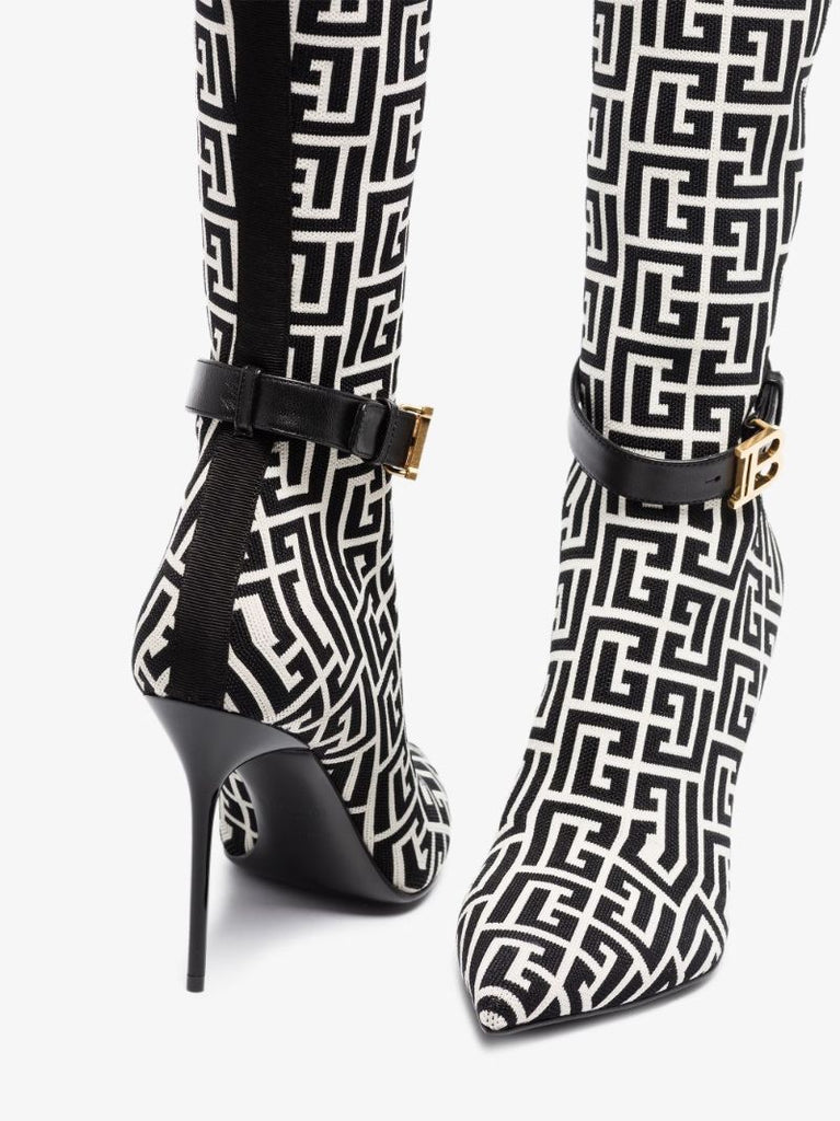 Black and White Raven Monogram Thigh-high Boots