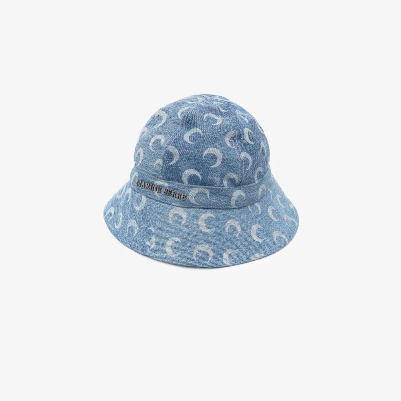 Blue Crescent Moon Print Denim Bucket Hat
