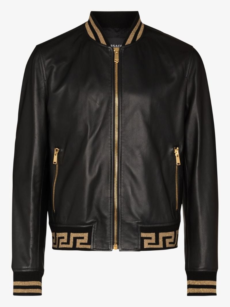 Black Greca Border Leather Bomber Jacket