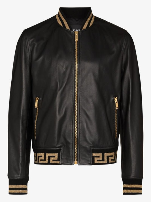 Black Greca Border Leather Bomber Jacket