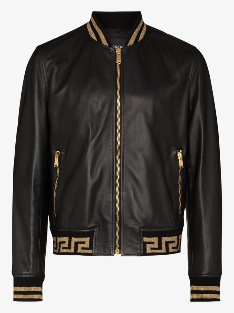 Black Greca Border Leather Bomber Jacket