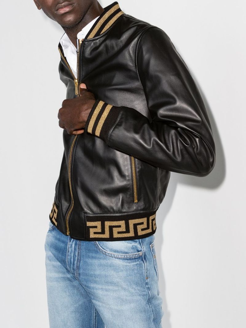 Black Greca Border Leather Bomber Jacket