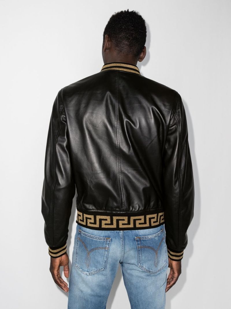 Black Greca Border Leather Bomber Jacket