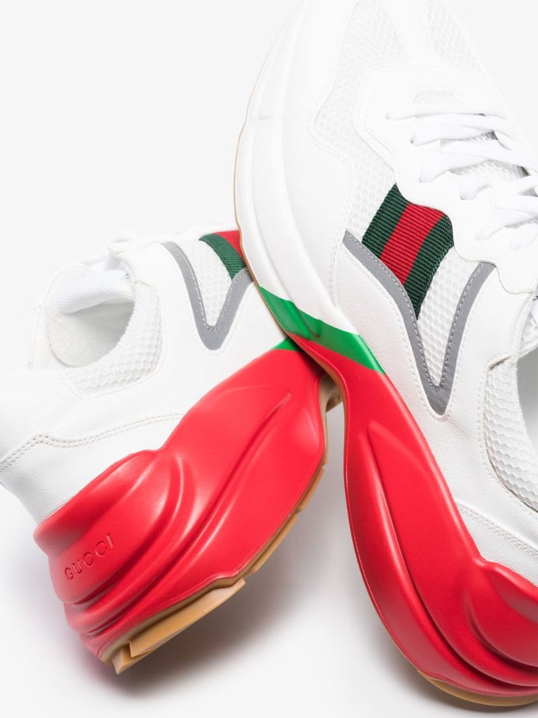 White Rhyton Web Logo Leather Sneakers