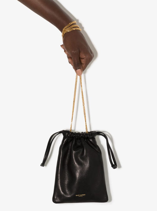 Black Drawstring Leather Pouch Bag