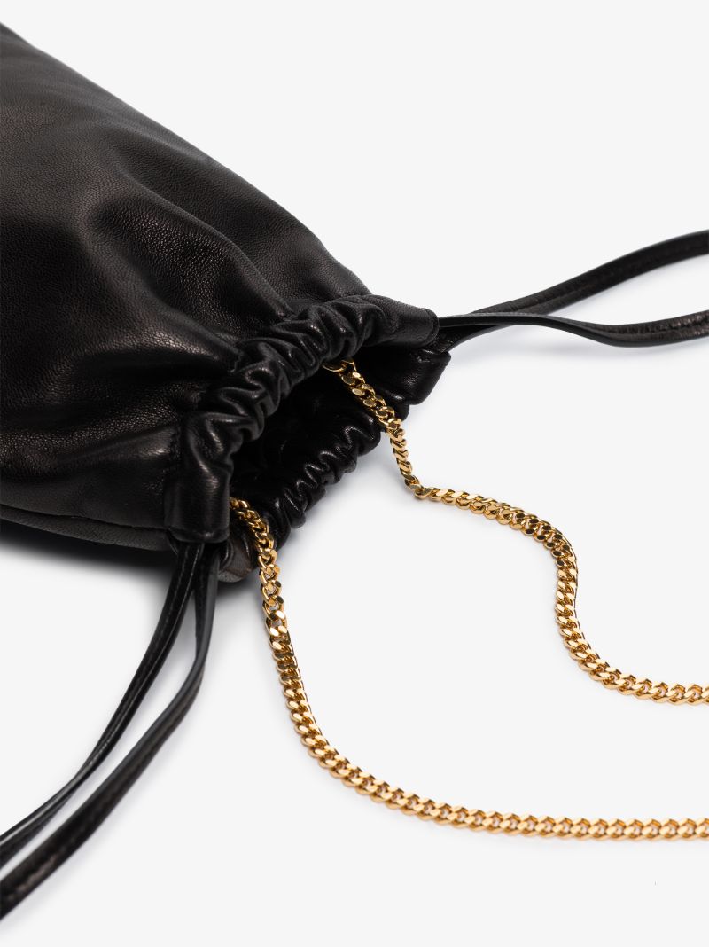 Black Drawstring Leather Pouch Bag