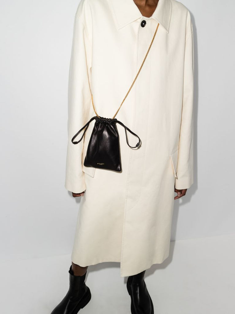 Black Drawstring Leather Pouch Bag