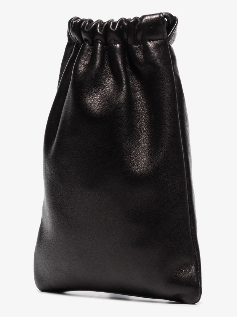 Black Drawstring Leather Pouch Bag