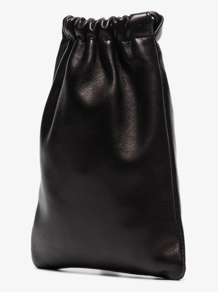 Black Drawstring Leather Pouch Bag