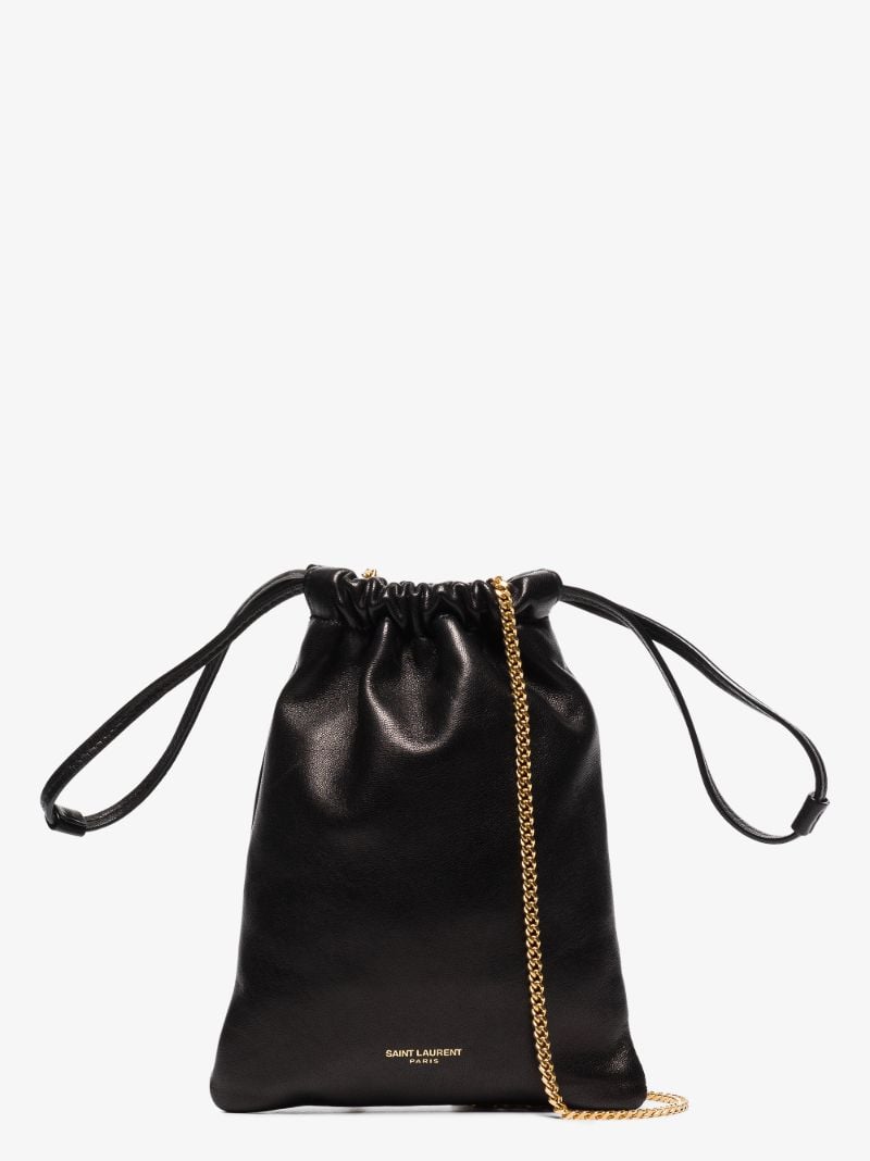 Black Drawstring Leather Pouch Bag