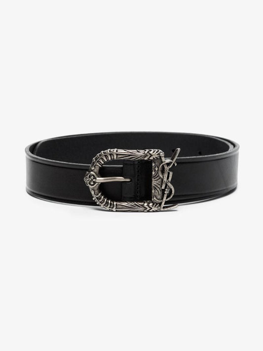 Black Logo Buckle Leather Belt