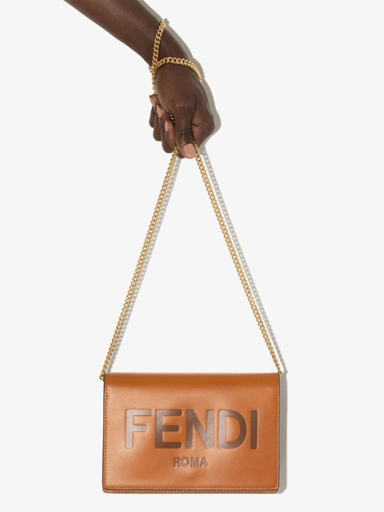 Brown Logo Leather Chain Wallet Bag