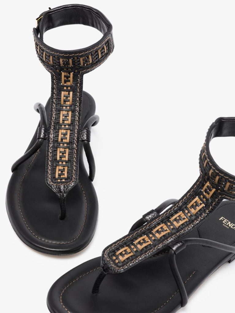 Black Ff Interlace Leather Sandals