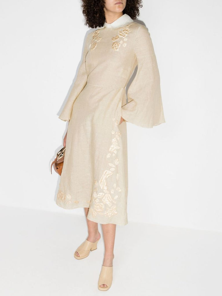 Silk and Linen Embroidered Midi Dress