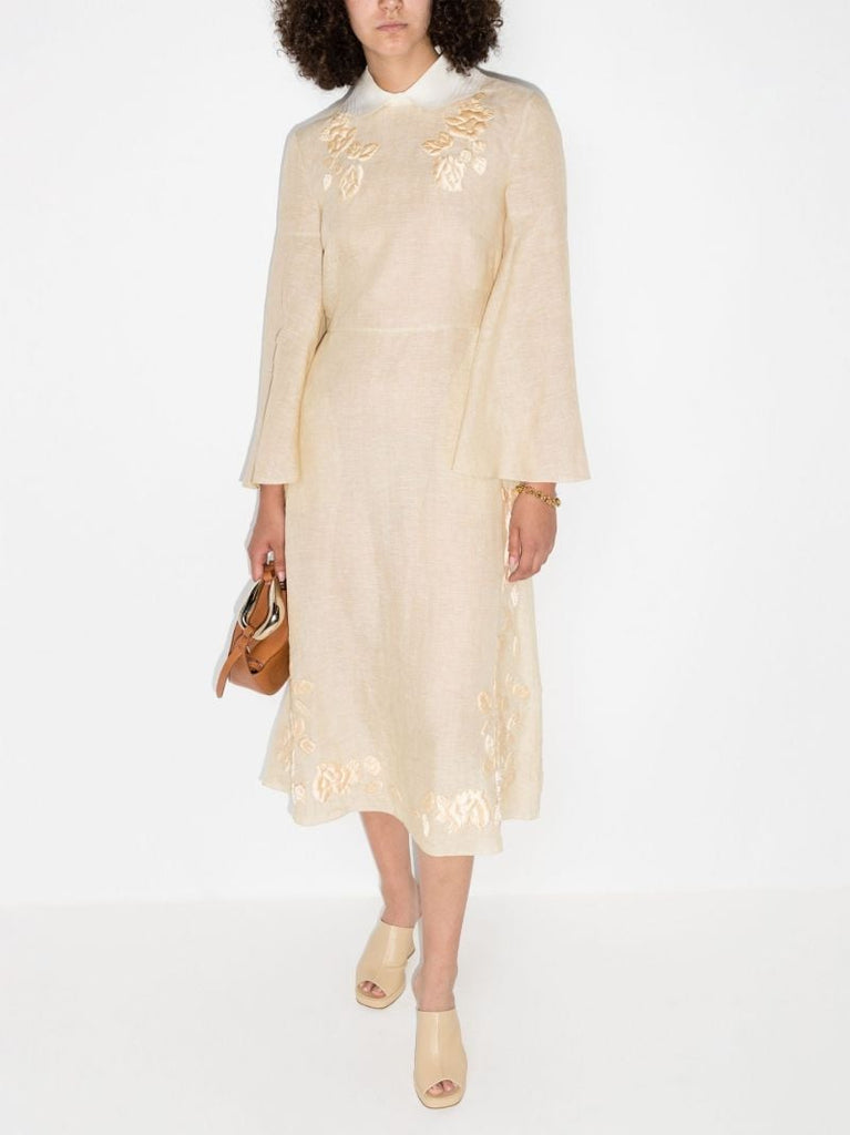 Silk and Linen Embroidered Midi Dress