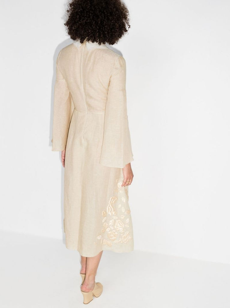 Silk and Linen Embroidered Midi Dress