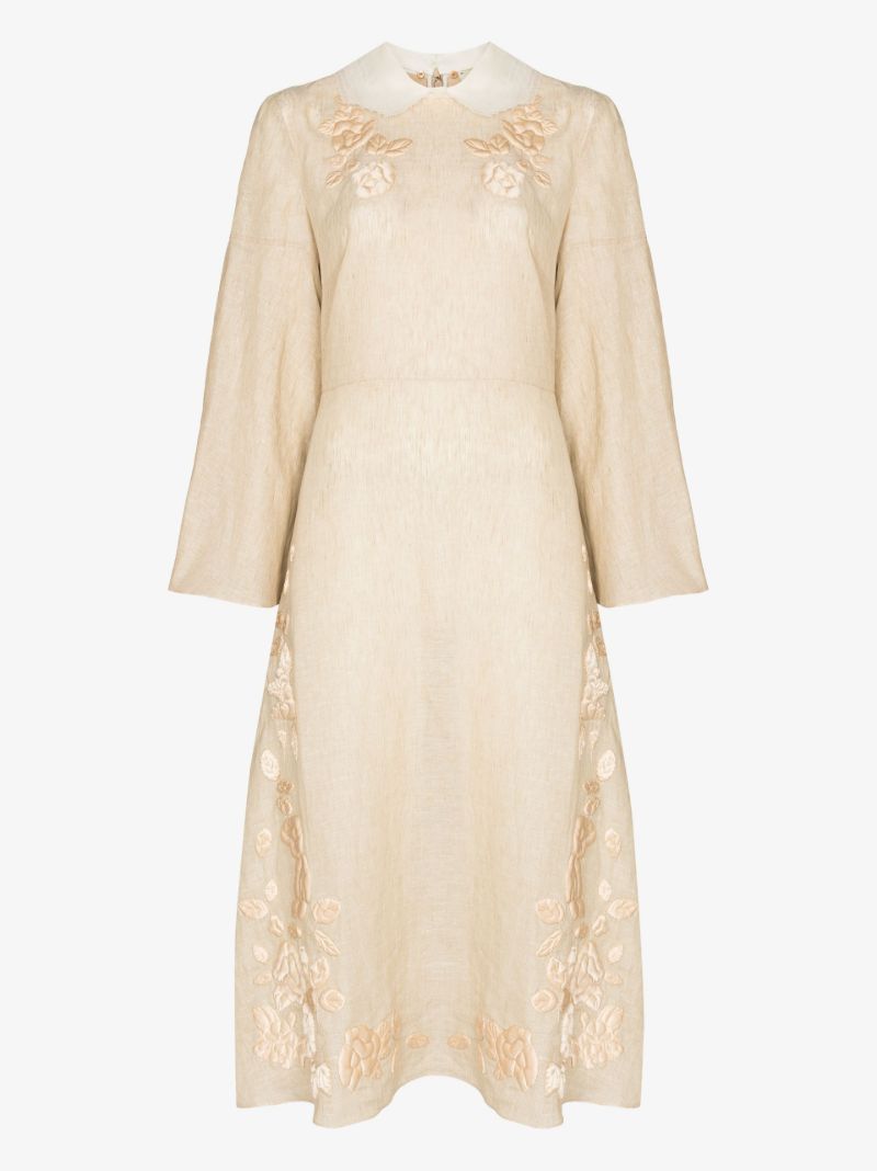 Silk and Linen Embroidered Midi Dress
