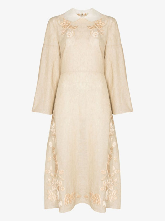 Silk and Linen Embroidered Midi Dress