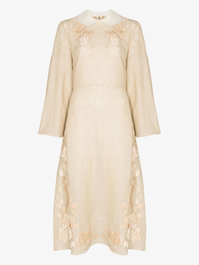 Silk and Linen Embroidered Midi Dress