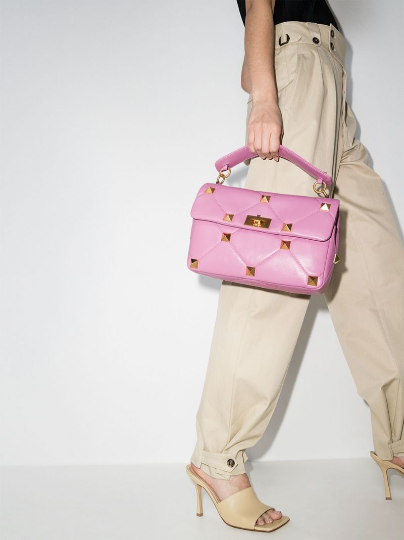Pink Roman Stud Large Leather Shoulder Bag