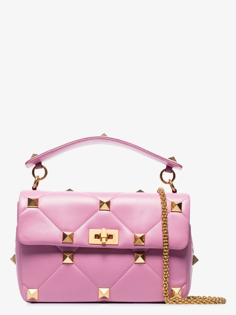 Pink Roman Stud Large Leather Shoulder Bag