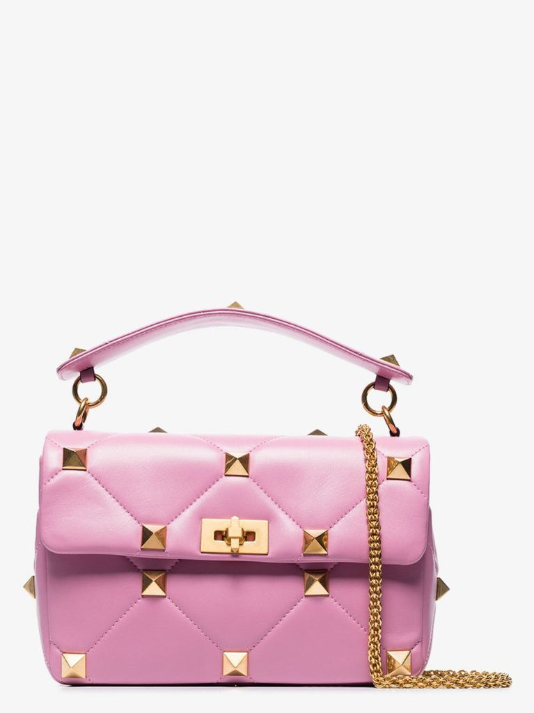 Pink Roman Stud Large Leather Shoulder Bag