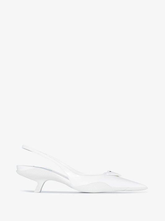 White 30 Logo Plaque Slingback Leather Pumps