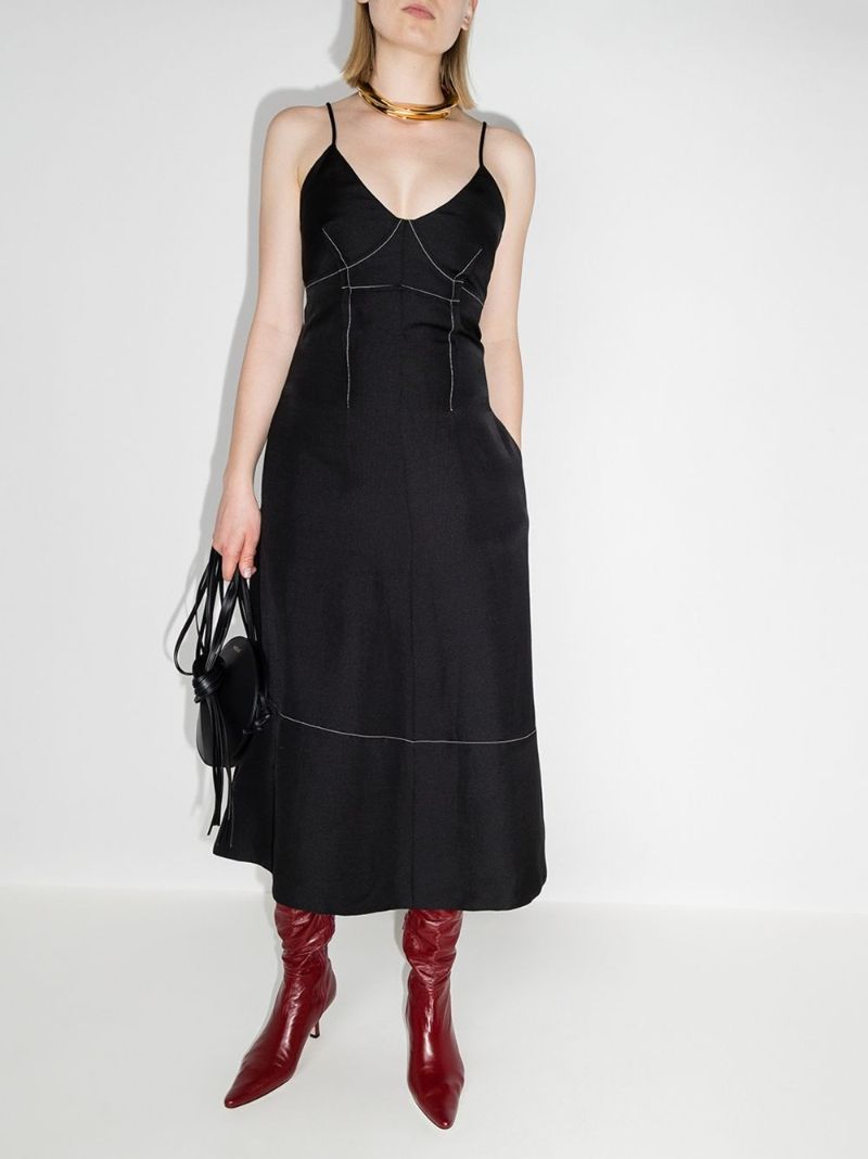 Contrast-stitching V-neck Midi Dress