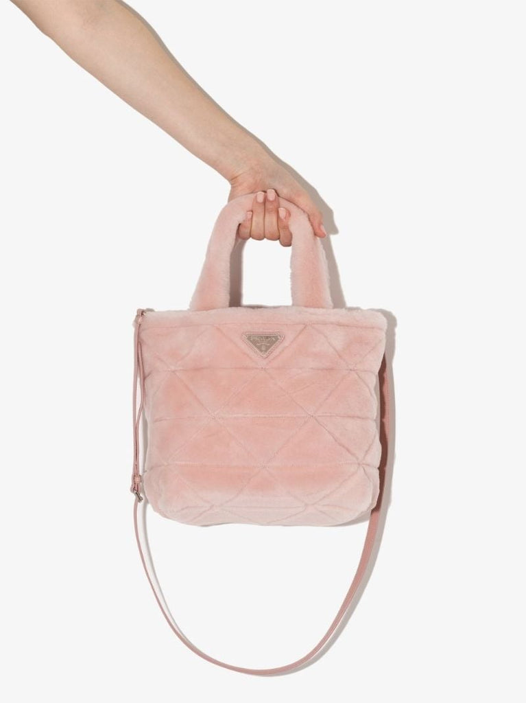 Pink Shearling Logo Shoulder Bag