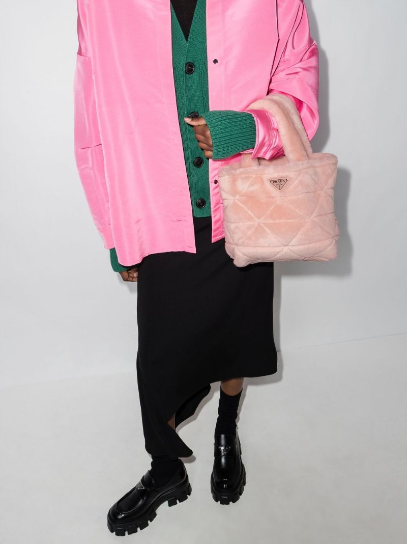Pink Shearling Logo Shoulder Bag
