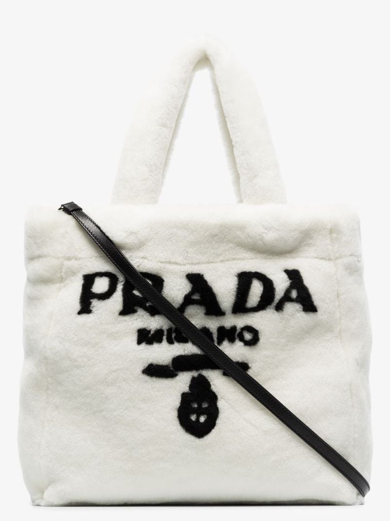 White Shearling Logo Tote Bag
