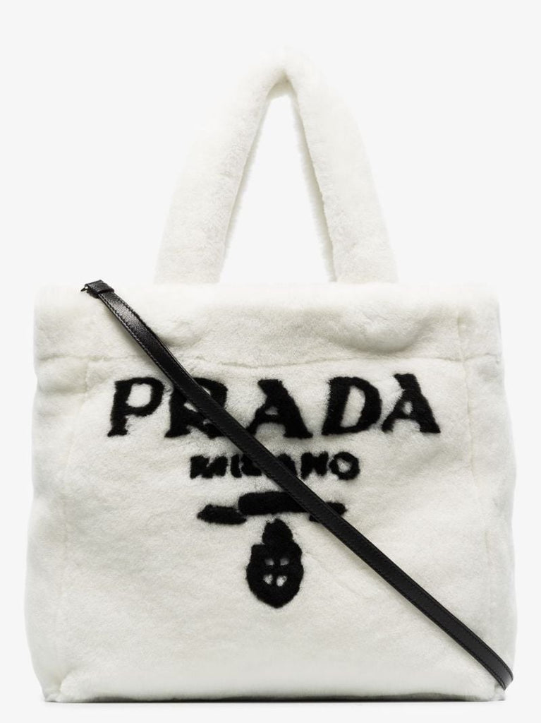 White Shearling Logo Tote Bag