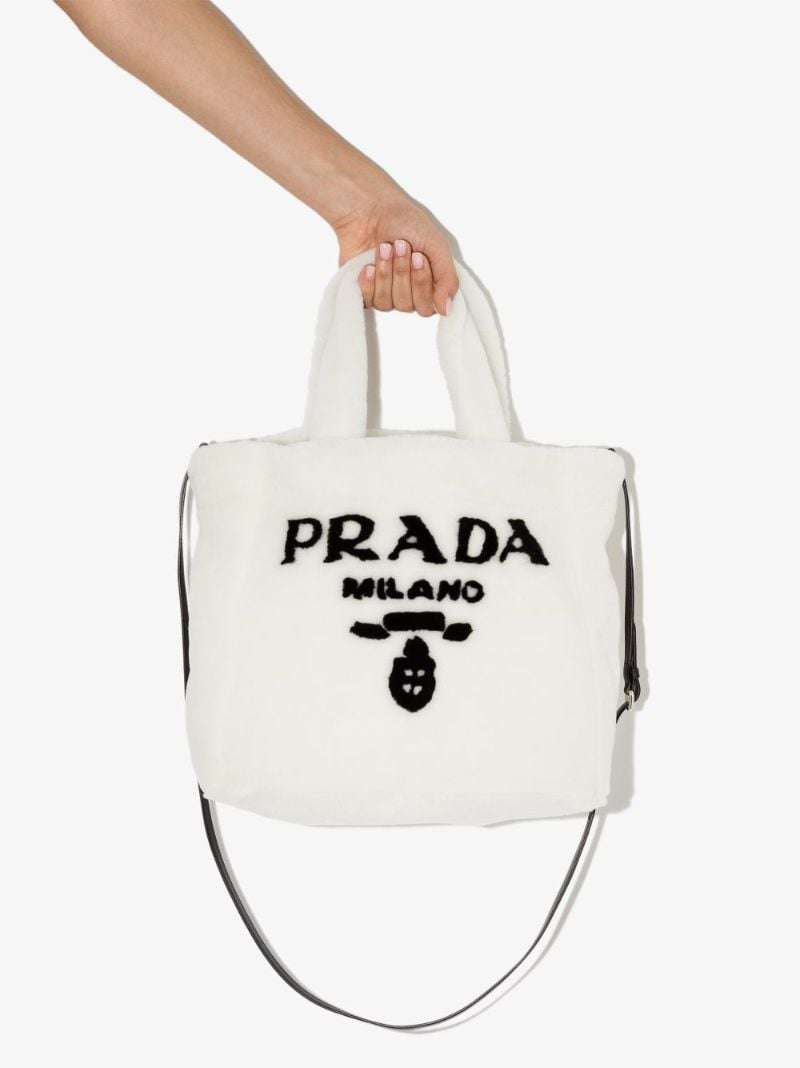 White Shearling Logo Tote Bag