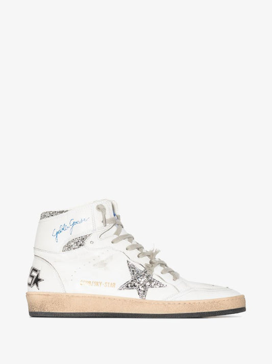 White and Silver Sky-star Leather Sneakers