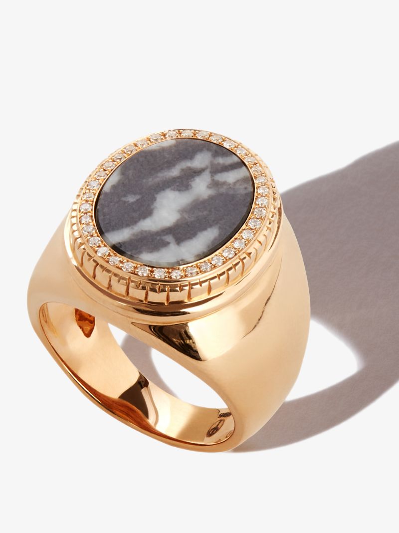 14k Yellow Gold Zebra Jasper Diamond Signet Ring