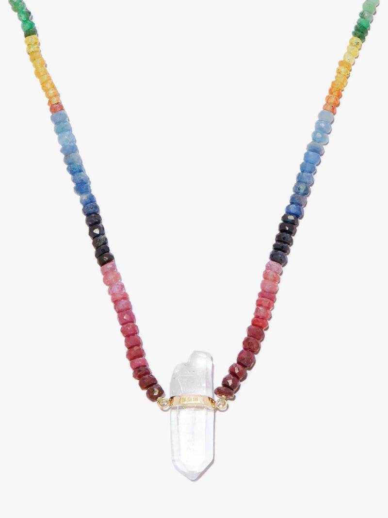 14k Yellow Gold Dark Rainbow Beaded Quartz Necklace